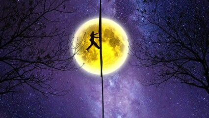 Wall Mural - Silhouette of people riding the full moon on a rope