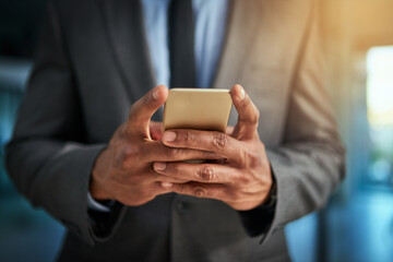 Sticker - Business man browsing the internet on his phone texting and posting on social media. Closeup of a male entrepreneur browsing or searching a website or web for news or clickbait