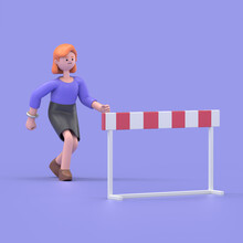 3D Illustration Of Smiling Businesswoman Ellen Jumping Over Hurdle, 3D Rendering On Blue Background.
