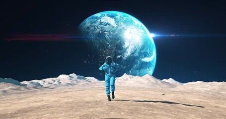 Wall Mural - crazy astronaut dancing on the surface of the moon. celebrating his success. planet earth visible in
