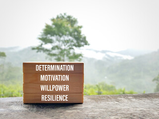 Wall Mural - Inspirational and motivational words of determination motivation willpower resilience. Stock photo.