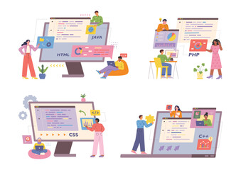 Wall Mural - programmers are coding programs around huge computers and digital pages. flat design style vector il