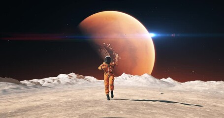 Wall Mural - happy male astronaut on the surface of an alien planet. red planet is visible in sky. celebrating hi