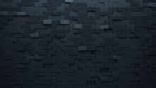 Black Tiles Arranged To Create A Polished Wall. Rectangular, Futuristic Background Formed From 3D Blocks. 3D Render