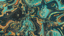 Liquid Swirls In Beautiful Turquoise And Yellow Colors, With Gold Glitter. Luxurious Acrylic Pour Background.