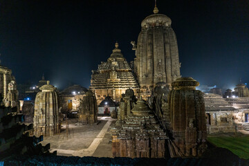 View of Lingaraj Temple from out side during night at Bhubaneshwar, Odisha, India.