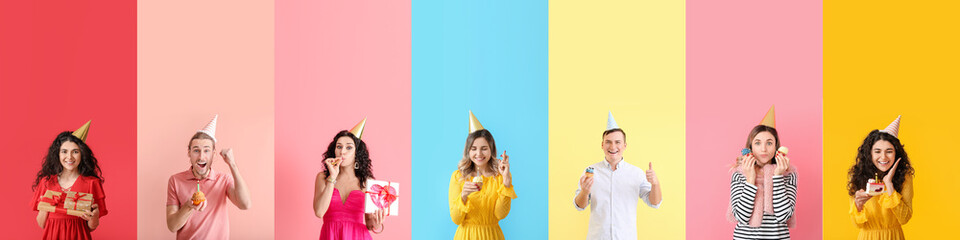 Sticker - Set of people celebrating birthday on colorful background