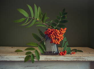 Canvas Print - Bouquet of rowan branches with bunches of red berries