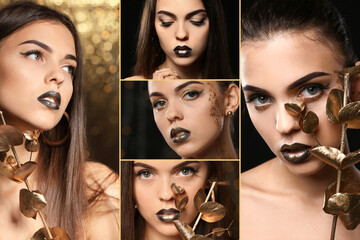 Sticker - Beauty collage with fashionable young woman on dark background