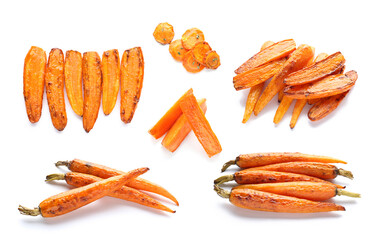 Wall Mural - Set of tasty cooked carrot on white background