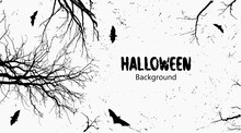Black White Background. Vector Background For Halloween Scary With Trees And Bats. Festive Spooky Background For An Invitation Or Advertisement. 