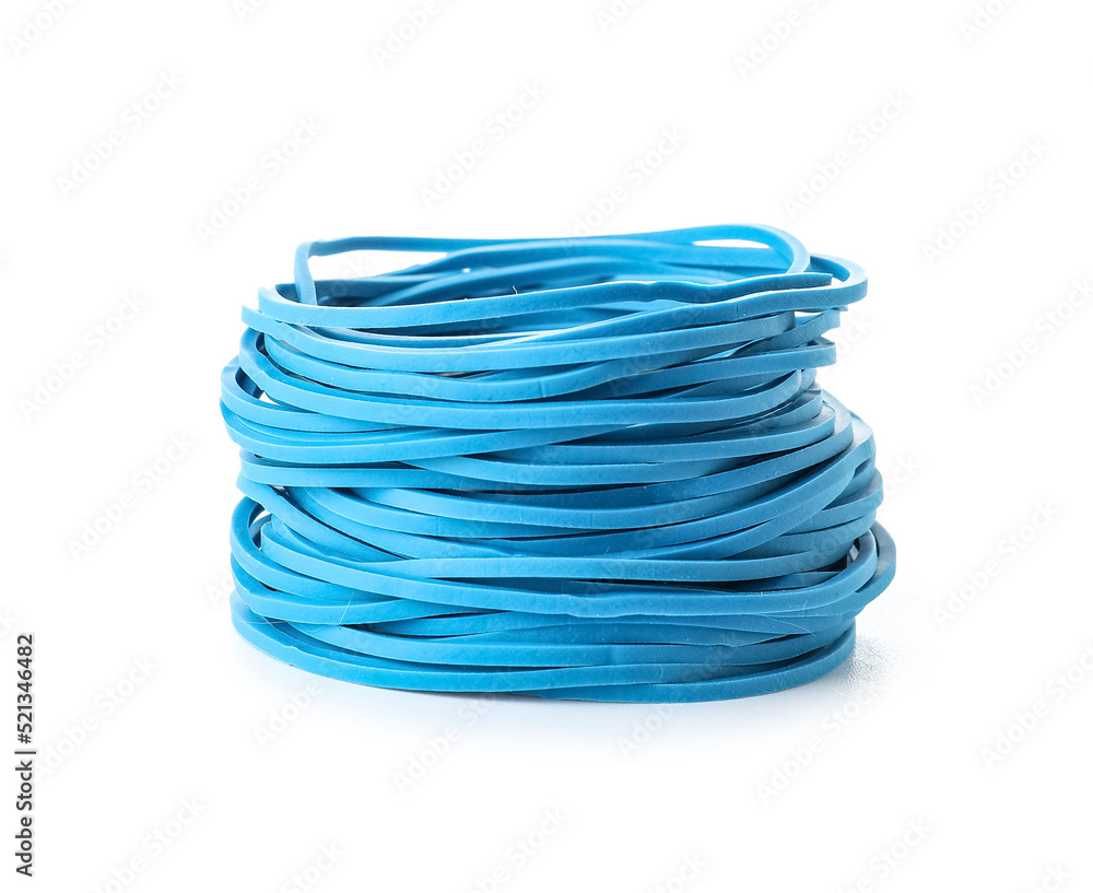 Stack of blue rubber bands isolated on white background