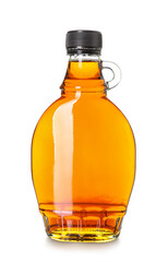bottle of maple syrup on white background
