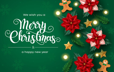 merry christmas vector design. merry christmas and happy new year text with poinsettia elements in g