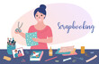 © Anna Shalygina - Scrapbooking banner. Woman with craft supplies. Scrapbook workshop. Handmade hobby decoration things. Girl cutting craft paper and decorating photo album book at table. Flat vector illustration
