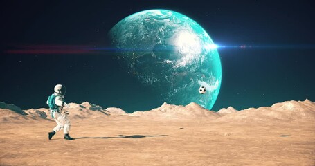 Wall Mural - brave astronaut on the surface of the moon playing soccer. shooting slowly. space related majestic s