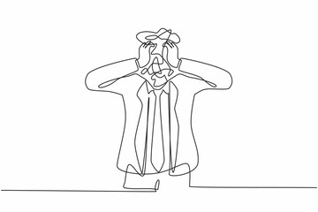 Single one line drawing businessman with round scribbles instead of a head. Confusion and mess feeling. Stressed man working in office with problem. Continuous line design graphic vector illustration