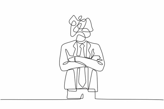 single one line drawing businessman with round scribbles instead of head. executive manager in keepi