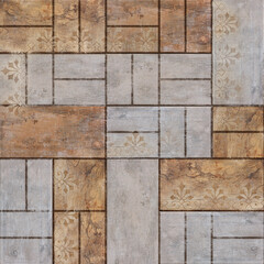 Wall Mural - Mosaic background with aged wood texture in beige tones