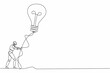Single continuous line drawing robot holding flying lightbulb balloon with rope. Modern robotics artificial intelligence technology. Electronic technology industry. One line draw graphic design vector