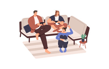 Wall Mural - Friends with consoles playing TV video game together. Happy people, man and women sitting on sofa, holding videogame joysticks controllers. Flat vector illustration isolated on white background