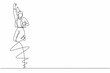 © Simple Line - Single continuous line drawing happy businesswoman jump with folds one leg and raises one hand. Female manager celebrating success of increasing company product sales. One line graphic design vector