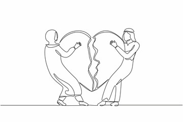 Wall Mural - Single continuous line drawing lovers broken heart. Young Arab man, woman pulled apart causing each other feel great sorrow, couple in disagreement at end of relationship. One line draw design vector
