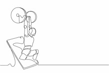 Continuous One Line Drawing Robots Come Out From Cellular Phone With Weightlifter Pose. Humanoid Robot Cybernetic Organism. Future Robotics Development Concept. Single Line Draw Design Vector Graphic