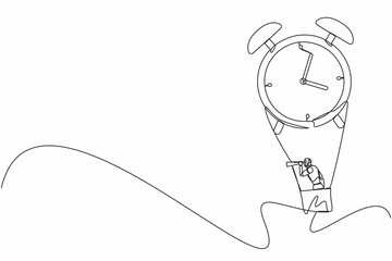 Wall Mural - Single one line drawing robots in hot air balloon with alarm clock looking with telescope or monocular. Modern robot artificial intelligence technology. Continuous line draw design vector illustration