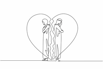 Wall Mural - Continuous one line drawing unhappy Arab couple standing arms crossed. Family conflict. Break up relationship. Married couple man woman angry, sad against broken heart. Single line draw design vector