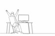 © Simple Line - Single continuous line drawing back view happy Arab man completed task and triumphing with raised hands on his workplace. Successful well done work. Completed task. One line draw graphic design vector
