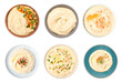 Set with tasty hummus on white background, top view
