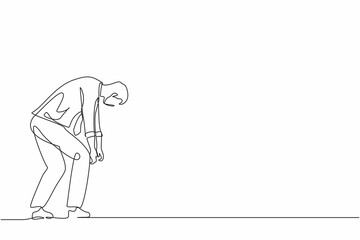 Wall Mural - Continuous one line drawing sad businessman bowed down. Man feeling lonely and having mental pressure or stress. Bankruptcy on global economic recession, failure. Single line graphic design vector