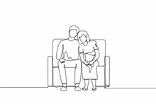 Single Continuous Line Drawing Man Comforting Sad Woman. Male Supporting Female Who Is Feeling Emotional Sad Depressed. Husband Embrace Comforts His Woman. One Line Graphic Design Vector Illustration