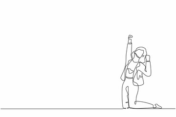 Wall Mural - Single continuous line drawing happy businesswoman kneeling with raised one hand high and raised the other. Saleswoman celebrates salary increase from company. One line draw design vector illustration