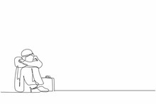 Single Continuous Line Drawing Depressed Arabian Businessman Suffer Emotion Sadness Stress With Briefcase Sitting In Despair On The Floor. Worker Feeling Blue And Stress. One Line Draw Design Vector