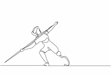 Wall Mural - Continuous one line drawing disabled athlete throwing spear with prosthesis leg. Disabled sportswoman with amputated foot. Disabled sport, disability games. Single line draw design vector graphic