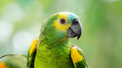 Wall Mural - Closeup of colorful turquoise-fronted amazon standing on wood under daylight on blurry background