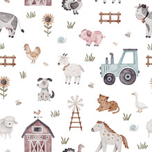 Watercolor Seamless Pattern With Farm Animals.