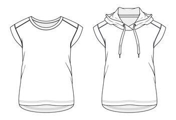 Wall Mural - sleeveless hoodie t shirt flat sketch vector illustration men, women and kids hooded t shirt apparel template