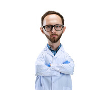 Serious Scientist. Funny Man With A Caricature Face Isolated Over White Background. Cartoon Style Character With Big Head. Concept Of Business, Emotions.
