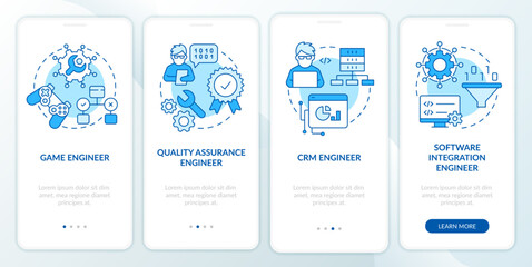 Software engineer paths blue onboarding mobile app screen. Walkthrough 4 steps editable graphic instructions with linear concepts. UI, UX, GUI template. Myriad Pro-Bold, Regular fonts used