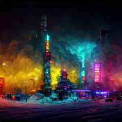 Wall Mural - colorful futuristic city at night as an illustration