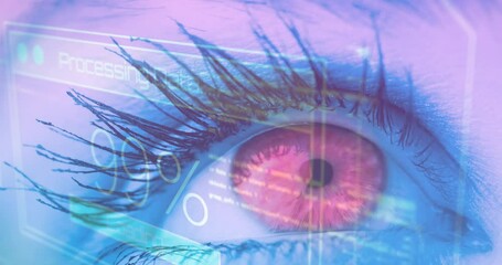 Wall Mural - animation of caucasian female eye with business data processing on digital interface in foreground