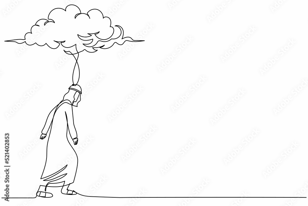 Single one line drawing depressed Arab businessman walking under rain ...