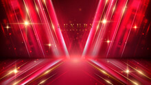 Red Luxury Background With Golden Line Decoration And Light Rays Effects Element With Bokeh.