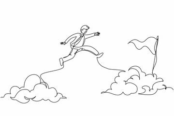 Continuous one line drawing active businessman jump or leap over clouds to reach his success target or flag. Challenge his career path. Taking risk. Single line draw design vector graphic illustration