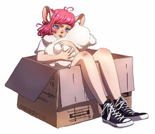 Super Cute Anime Girl With Pink Hair Hugs Her Favorite Teddy Bear Sitting In A Box. She's Half Human Half Mouse With Huge Round Ears, She Is Scared And Hides Behind Her Toy 2d Comic Art