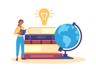 Wall Mural - Education concept. Woman reading book. Female character standing near stack of textbooks and globe, studying