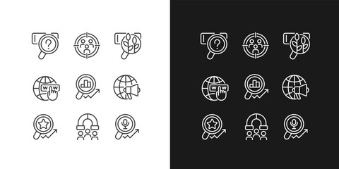 Poster - Target market analysis pixel perfect linear icons set for dark, light mode. Customers attracting. Worldwide marketing. Thin line symbols for night, day theme. Isolated illustrations. Editable stroke